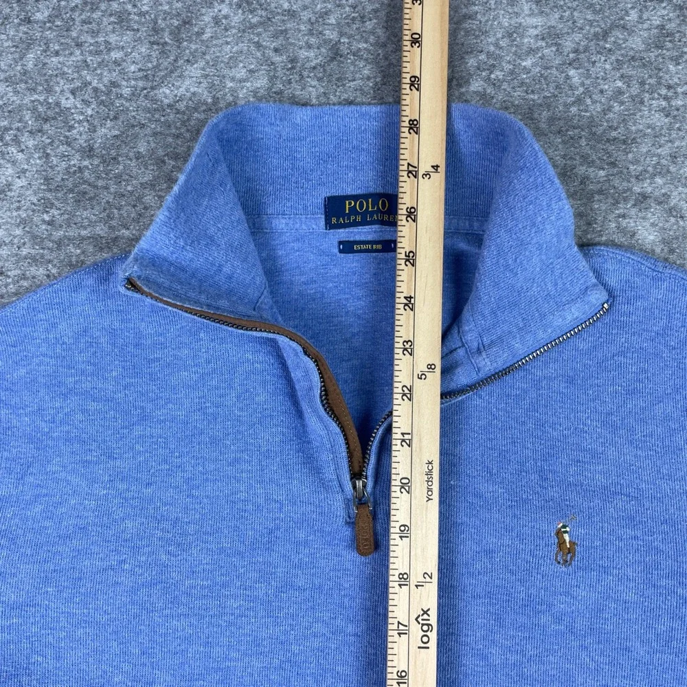Polo Ralph Lauren Sweater Mens M Blue Estate Rib 1/4 Zip Cotton Preppy Pullover